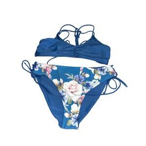Cupshe Floral Blue Bikini Set XL Strappy Top & Tie Bottoms